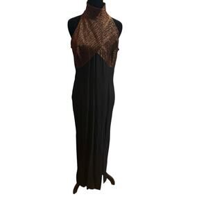 Virgo II Vintage 70s Metallic Copper Halter Mock Neck Maxi Dress Black Size 12